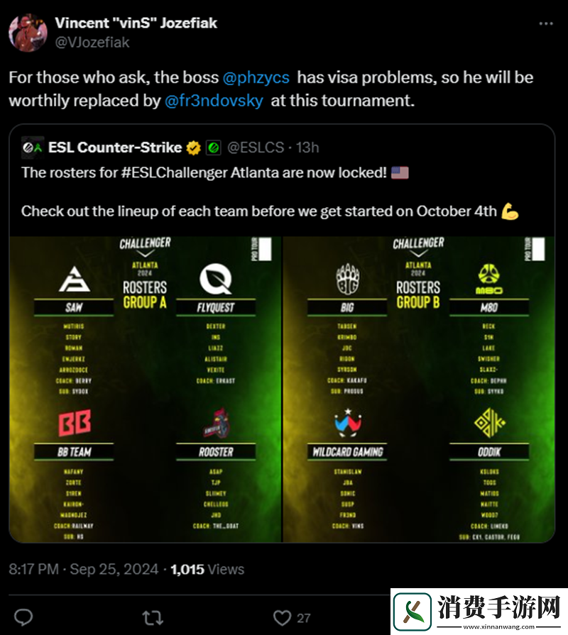 phzy由于签证问题将缺席ESL