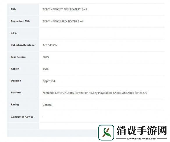 新作要来了!托尼霍克职业滑板3+4新加坡通过评级
